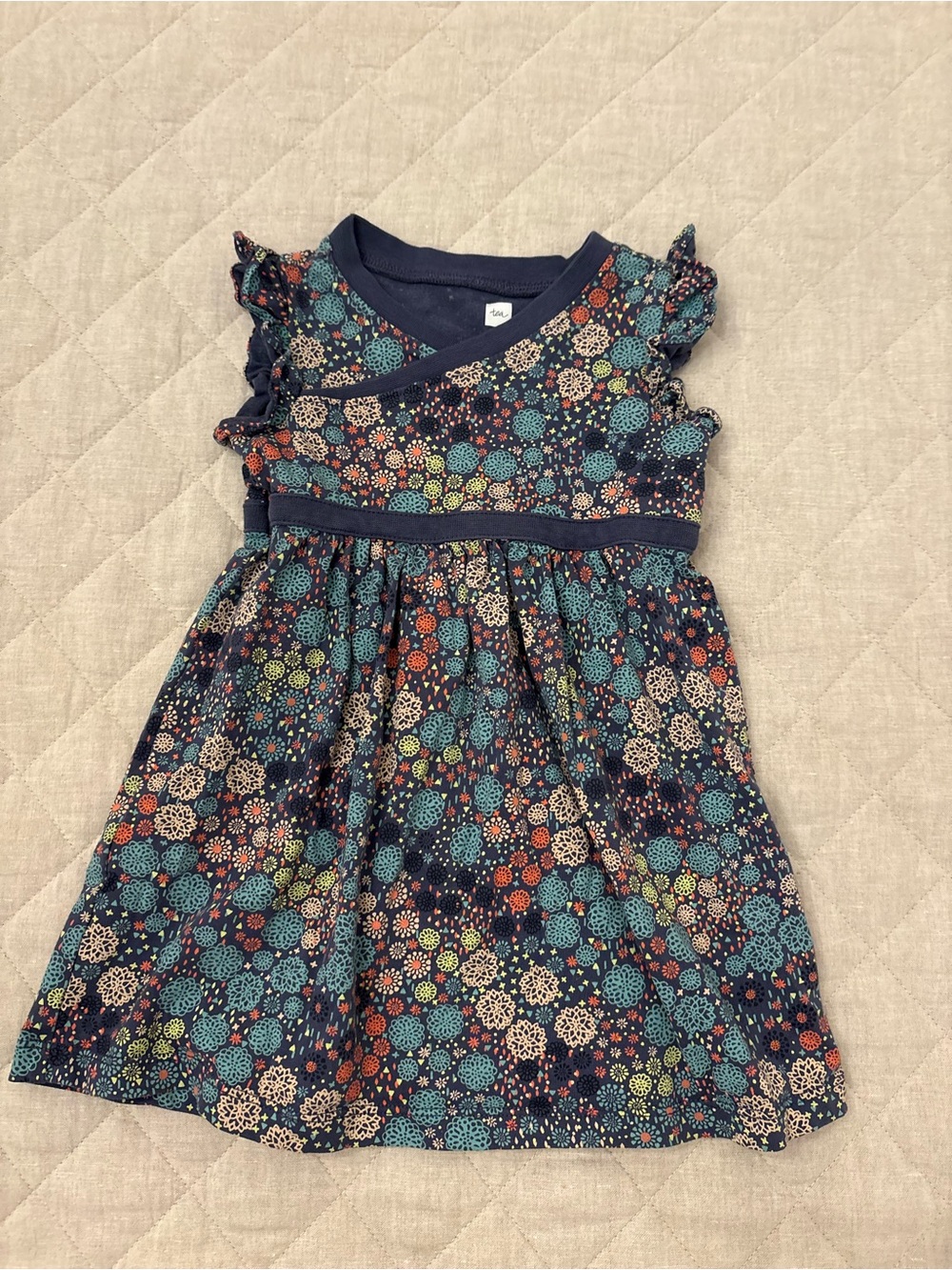 Tea Collection Navy Floral Ruffle-Sleeve Dress with Teal and Coral Accents